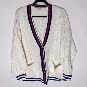 American Eagle Outfitters Oversized Cable Knit White Blue Cardigan Sweater L